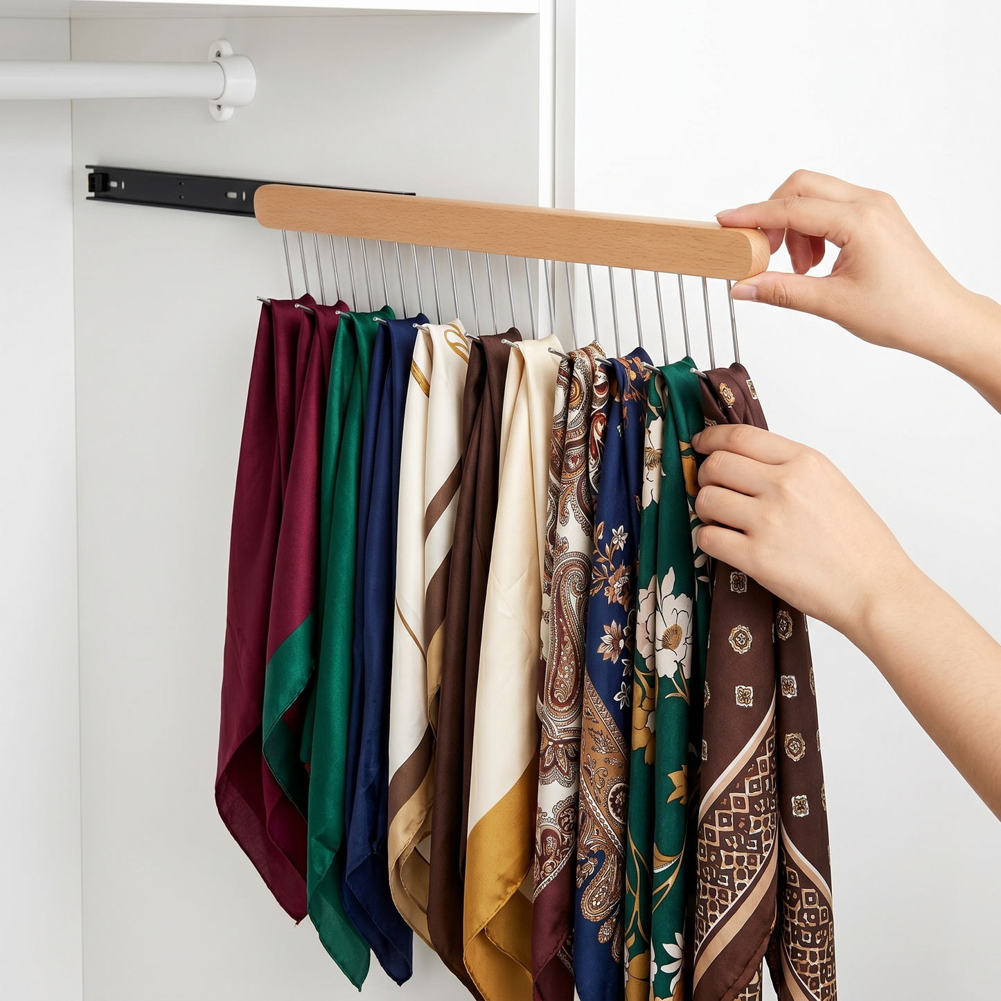 Wooden Wall-Mounted Clothes Hanger with Fold-Away Hooks
