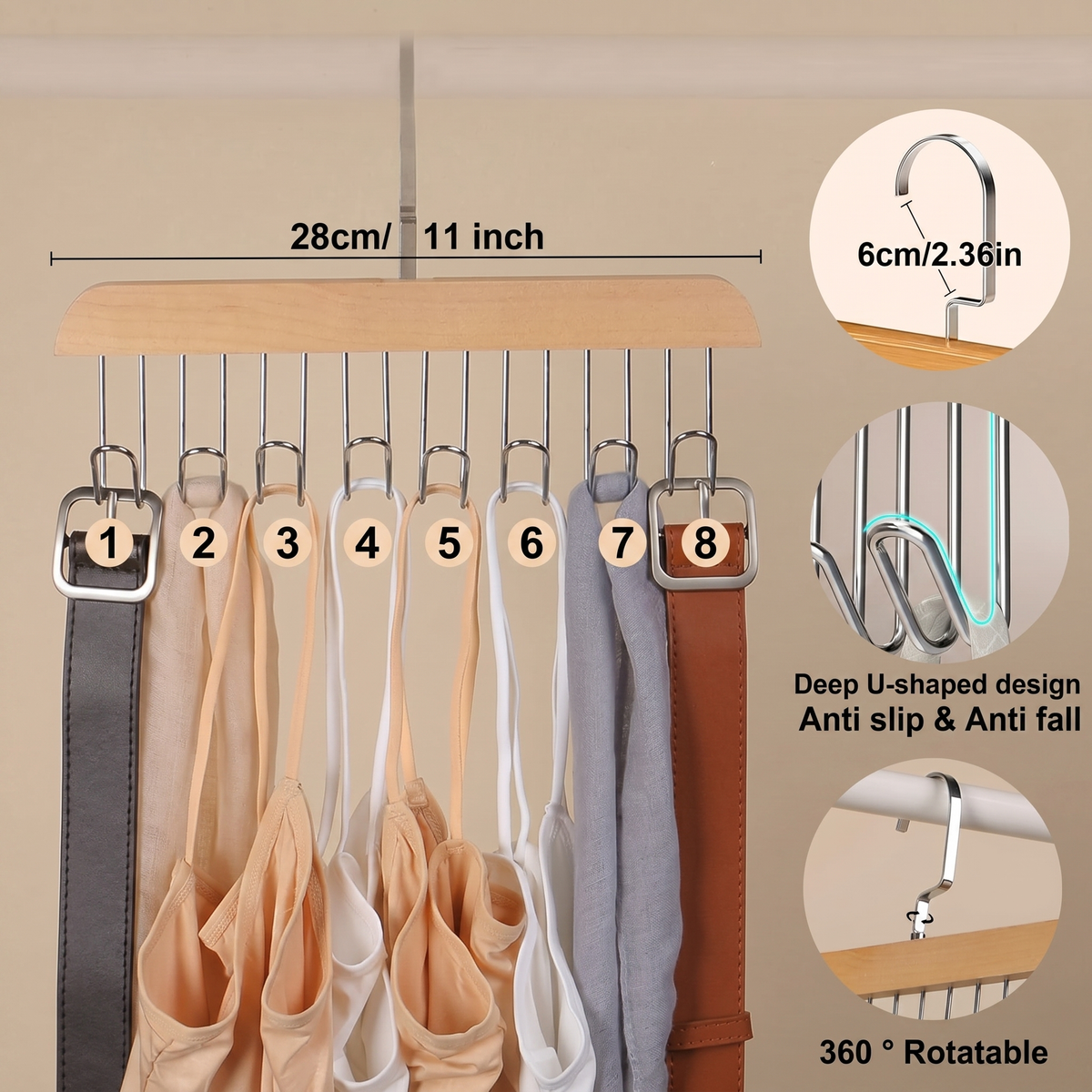 8-Hook Wooden Closet Organizer with Swivel Hanging Hook