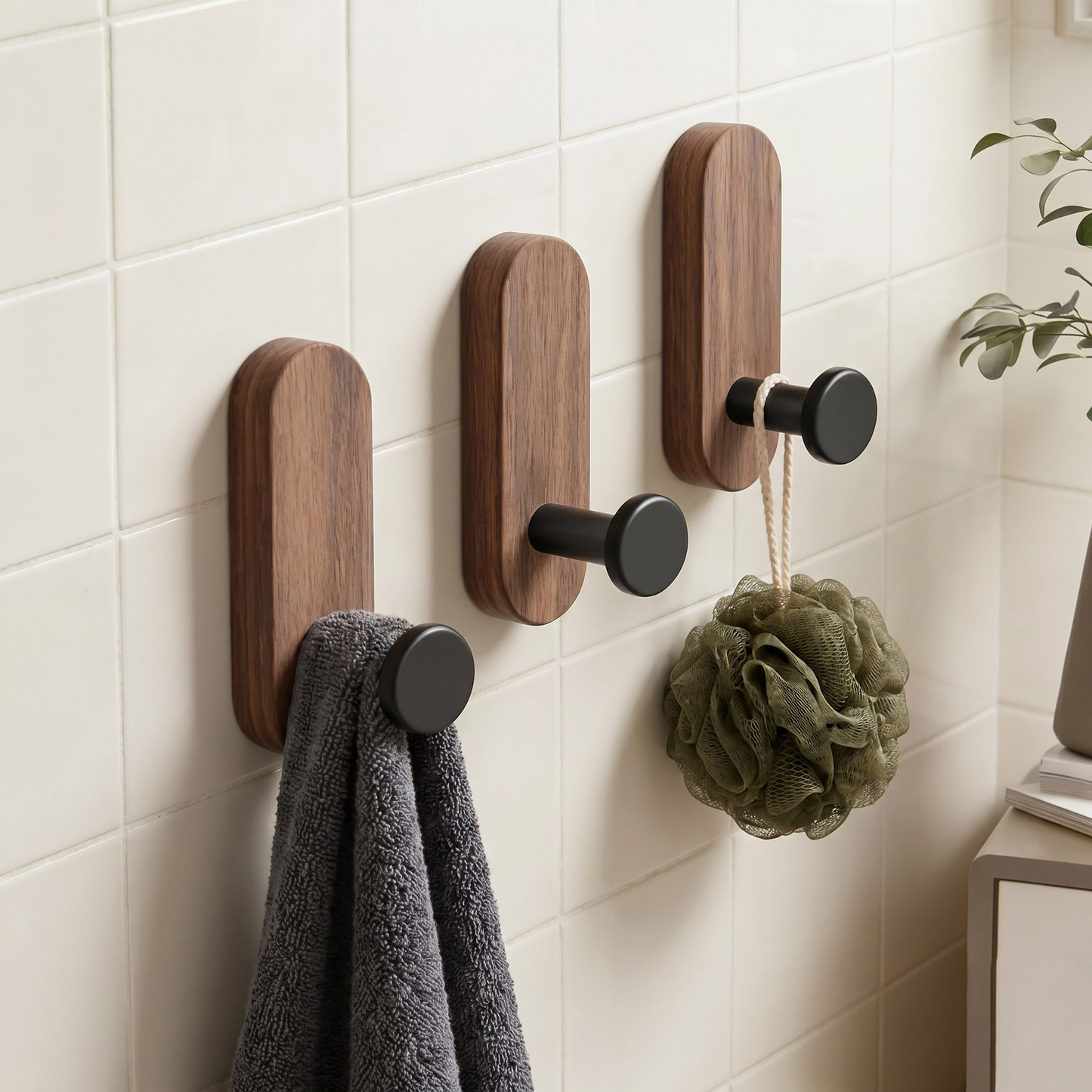 Self-Adhesive Wooden Wall Hooks for Towels, Keys and Accessories