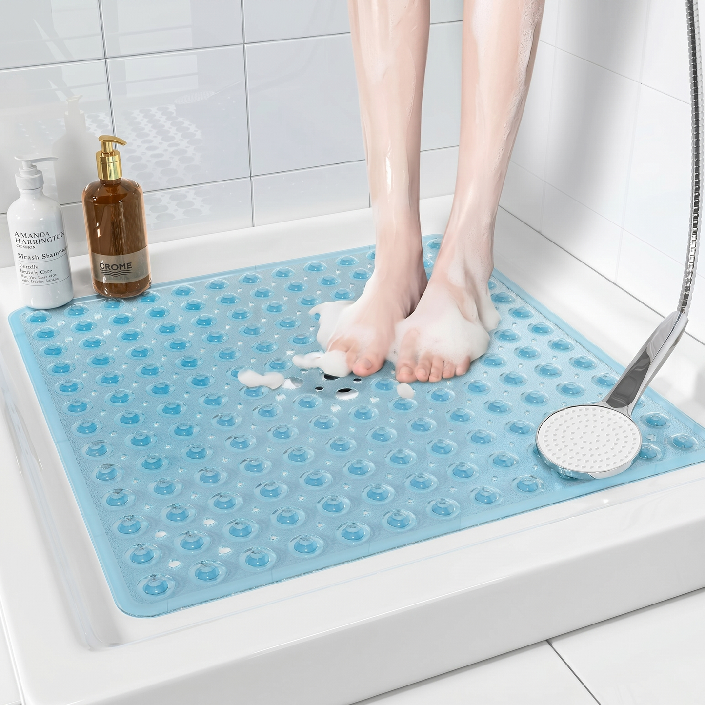 Secure Step Non-Slip Shower Mat with Suction Cups and Drainage Holes