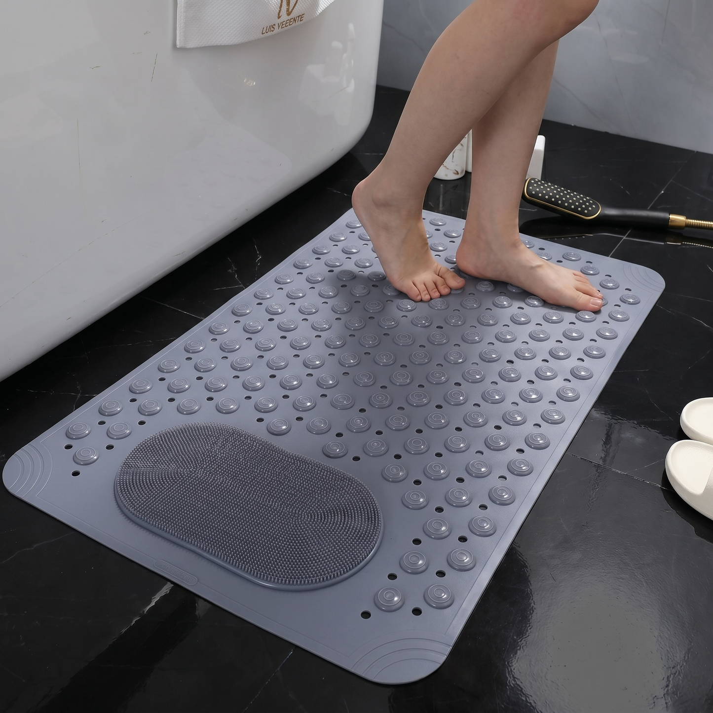Non-Slip Shower Mat with Foot Scrubber and Quick-Drain Design