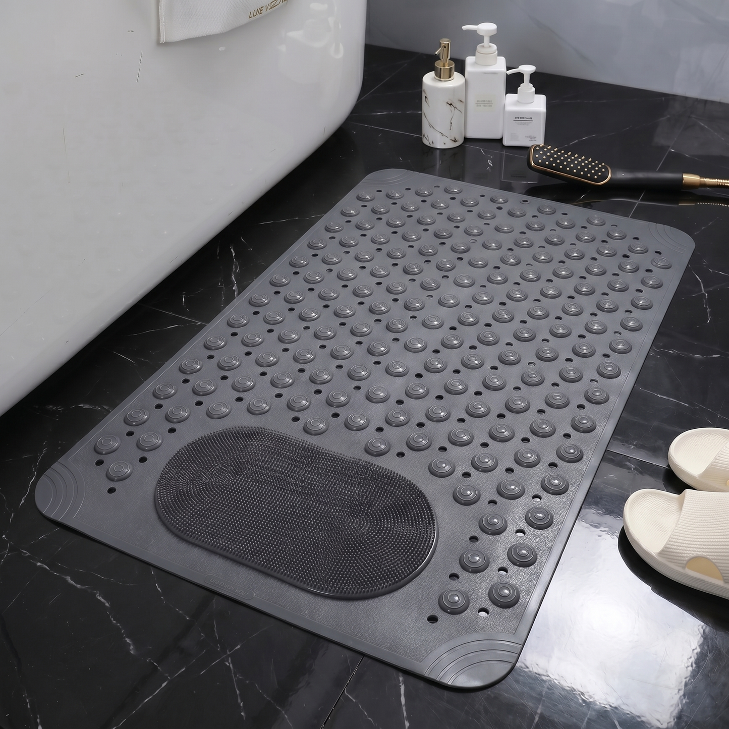 Non-Slip Shower Mat with Foot Scrubber and Quick-Drain Design
